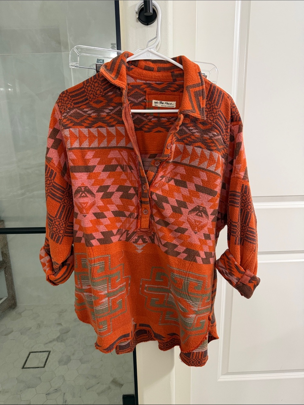 We The Free Orange & Pink Patterned Henley Pullover